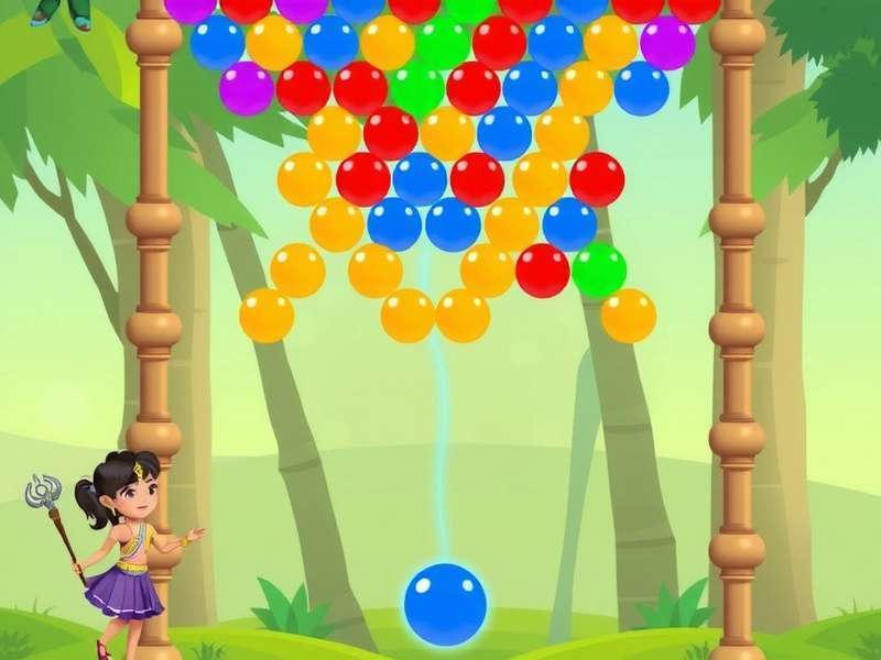 Bubble Shooter गेम का क्लासिक गेमप्ले स्क्रीनशॉट जिसमें रंगीन बबल्स दिख रहे हैं