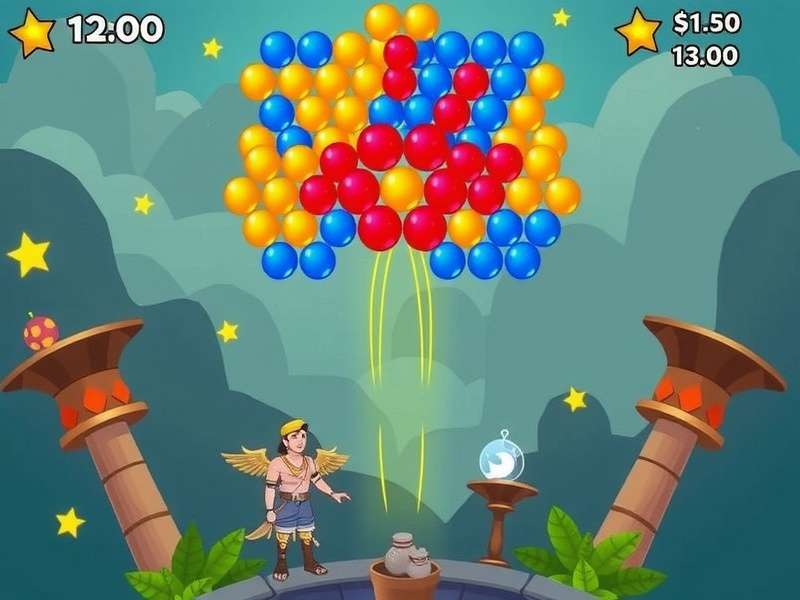 बबल शूटर गेम का स्क्रीनशॉट - रंगीन बबल्स और गेम इंटरफेस