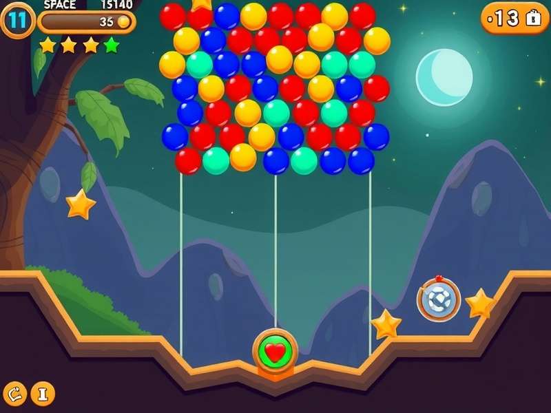बबल शूटर गेम का पीसी स्क्रीनशॉट, रंगीन बबल्स और इंटरफेस दिखाते हुए