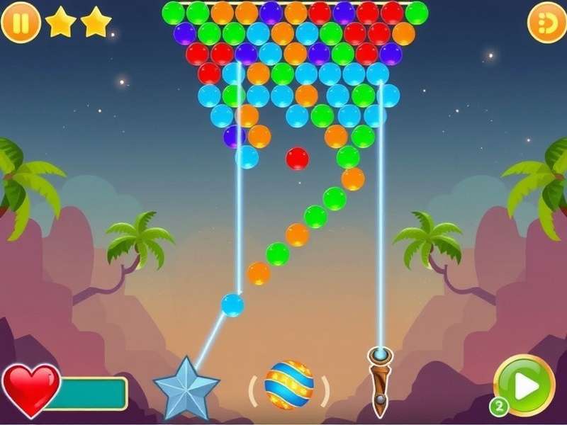 बबल शूटर गेम का गेमप्ले स्क्रीनशॉट - रंगीन बबल्स और हाई स्कोर दिखाता हुआ