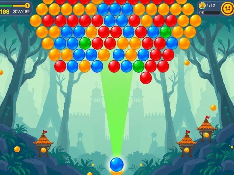 बबल शूटर गेम इंटरफ़ेस - रंगीन बबल्स और गेमप्ले स्क्रीन