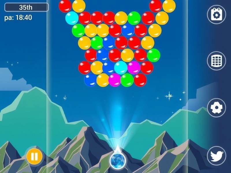 Colorful bubble shooter gameplay interface on a mobile device in a peaceful setting