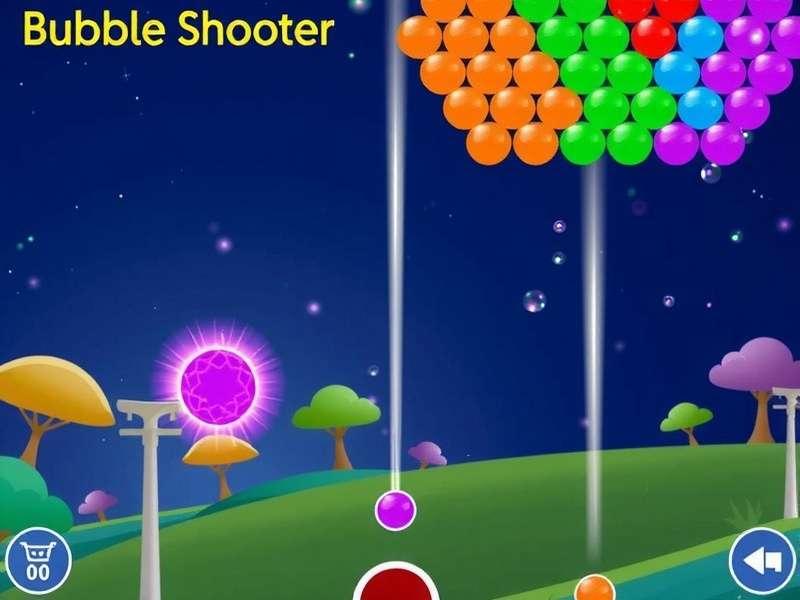 Colorful Bubble Shooter game interface with vibrant bubbles on a dark background
