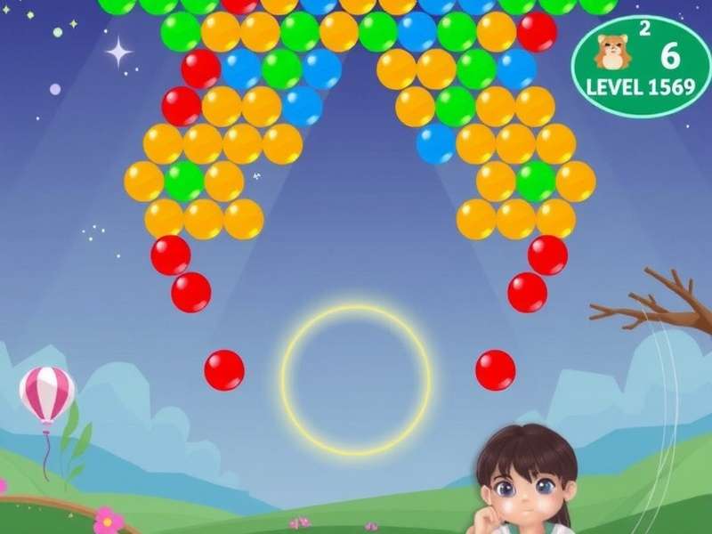 Bubble Shooter Relaxing Level 1569 gameplay screenshot showing colorful bubbles arranged in a relaxing pattern