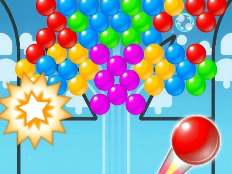 Bubble Shooter gameplay screenshot showing colorful bubbles and aiming line