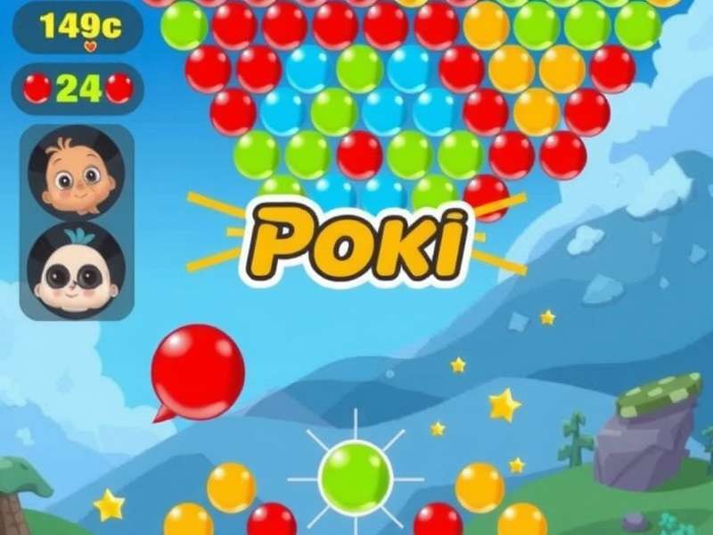 Poki Bubble Shooter gameplay showing colorful bubbles and aiming line